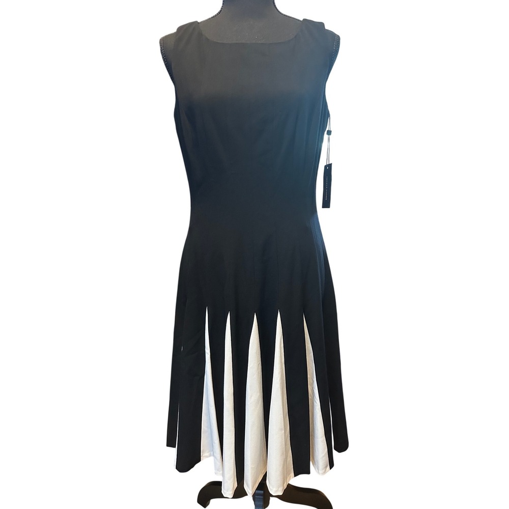 Tommy Hilfiger Black White Godet Pleated Fit Flare Dress Minimalist 8 Workwear